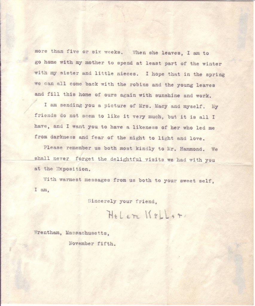 KELLER, HELEN. Typed Letter Signed, in pencil, to Natalie Harris Hammond (Dear Mrs. Hammond),